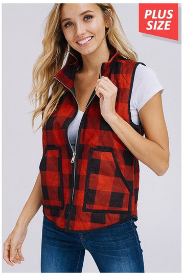 POLYESTER PLAID PRINT ZIP UP PADDED VEST WITH SIDE POCKETS PLUS SIZE MADE IN CHI
