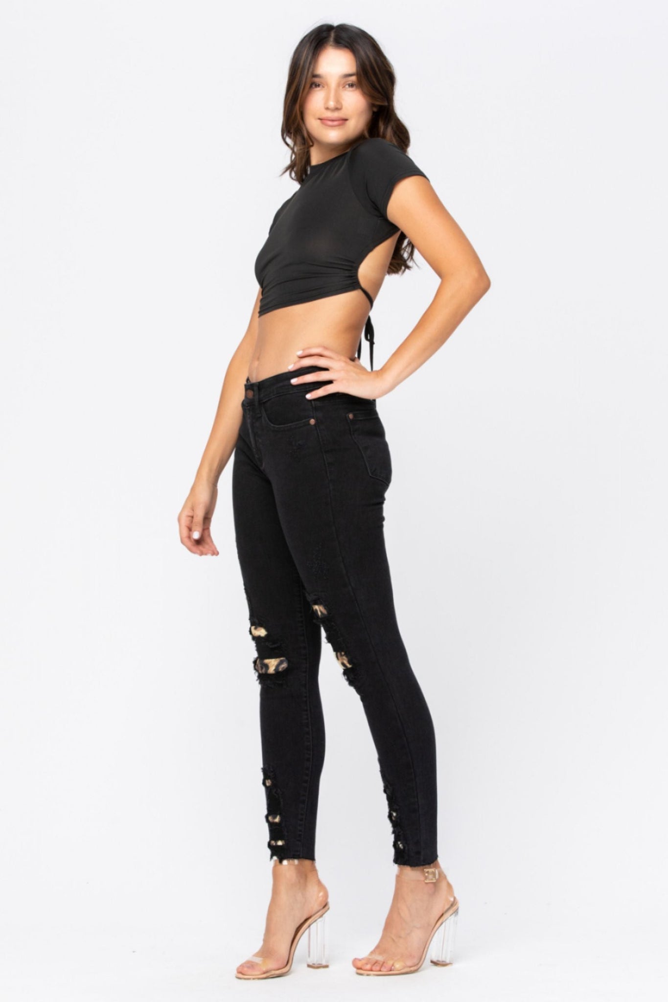 Judy Blue Black Mid-Rise Skinny Destroyed Leopard Patch