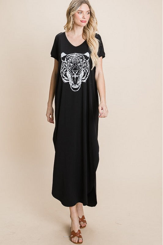 A Short Sleeve knit midi dress featuring  tiger screen print